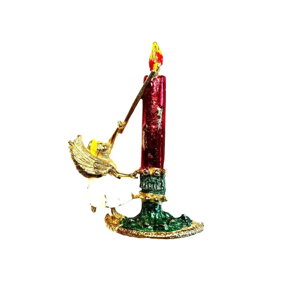 Vintage Christmas Angel brooch red enamel candle motif festive holiday pin